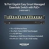 NETGEAR 16-Port PoE Gigabit Ethernet Easy Smart Managed Essentials Switch (GS316EP) - Managed, with 15 x PoE+ @ 180W, 1 x 1G SFP Port, Desktop or Wall Mount