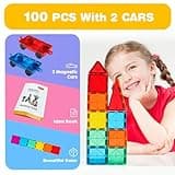 Gemmicc Magnetic Tiles 100 PCS with 2 Cars, STEM Approved Educational Magnet BuildingToys, Magnet Puzzles Stacking Blocks for Boys Girls