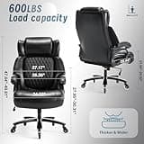 Big and Tall Office Chair 600LBS, Executive Office Chairs with Adjustable Lumbar Support, PU Leather Heavy Duty Ergonomic Desk Chair, Wider High Back Rocking Computer Chair with Rubber Wheels, Black