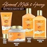 Gift Basket for Women - 10 Pc Almond Milk & Honey Beauty & Personal Care Set - Home Bath Pampering Package for Relaxing - Spa Self Care Kit - Thank You, Birthday, Mom, Anniversary Gift