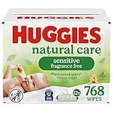 Huggies Natural Care Sensitive Baby Wipes, Unscented, Hypoallergenic, 99% Purified Water, 12 Flip-Top Packs (768 Wipes Total), Packaging May Vary