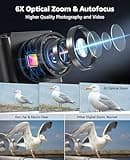 Digital Camera, 6X Optical Zoom & WiFi, 5K 30FPS 64MP Vlogging Camera, Rear and Front Cameras for Photography and Video, Autofocus & Anti-Shake, Travel Selfie for YouTube with Flash Dial 64GB Card