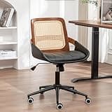 Home Office Desk Chair with Ergonomic Rattan Backrest, Walnut Crafts, Curved Arms, Faux Leather, Caster Wheels, Height Adjustable, Computer Chair for Desk Work, Executive Task, Conference Room - Black
