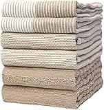 Premium Kitchen Towels (20”x 28”, 6 Pack) | Large Cotton Kitchen Hand Towels | Flat & Terry Dish Towel | Highly Absorbent Tea Towels Set with Hanging Loop | Tan